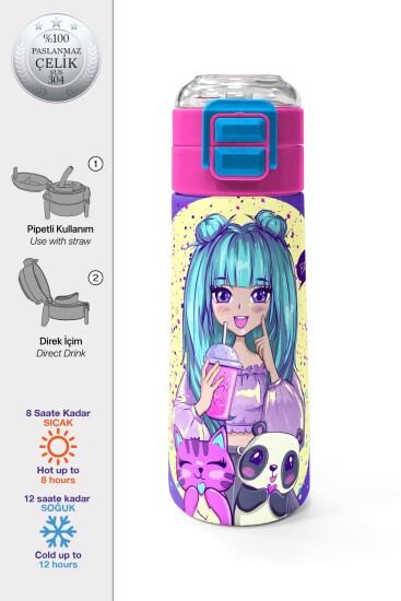 Coral High Kids Mor Pembe Anime Kız Desenli Pipetli ve Direkt İçim Çelik Termos 500 ml 31942 