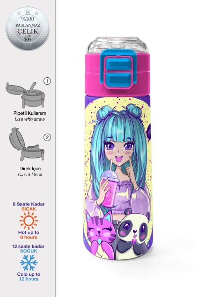Coral High Kids Mor Pembe Anime Kız Desenli Pipetli ve Direkt İçim Çelik Termos 500 ml 31942 - 1
