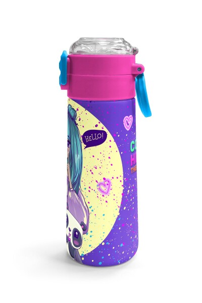 Coral High Kids Mor Pembe Anime Kız Desenli Pipetli ve Direkt İçim Çelik Termos 500 ml 31942 - 3