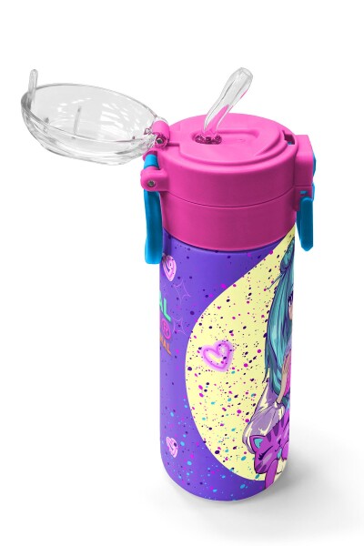 Coral High Kids Mor Pembe Anime Kız Desenli Pipetli ve Direkt İçim Çelik Termos 500 ml 31942 - 5