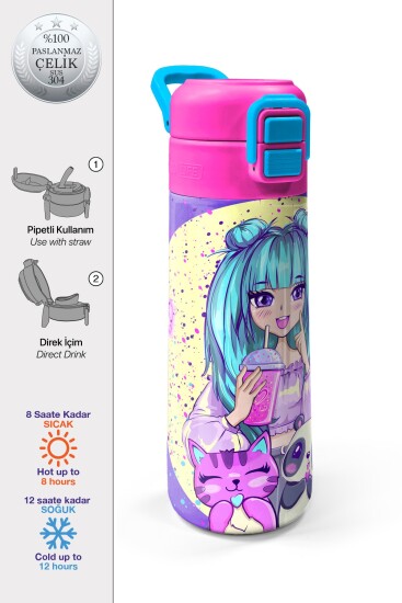 Coral High Kids Mor Pembe Anime Kız Desenli Pipetli ve Direkt İçim Çelik Termos 500 ml 31942 