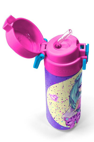 Coral High Kids Mor Pembe Anime Kız Desenli Pipetli ve Direkt İçim Çelik Termos 500 ml 31942 - 2