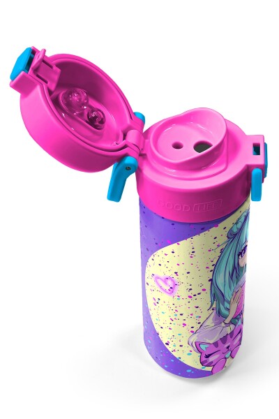 Coral High Kids Mor Pembe Anime Kız Desenli Pipetli ve Direkt İçim Çelik Termos 500 ml 31942 - 3