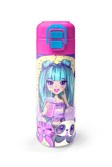 Coral High Kids Mor Pembe Anime Kız Desenli Pipetli ve Direkt İçim Çelik Termos 500 ml 31942 - 4