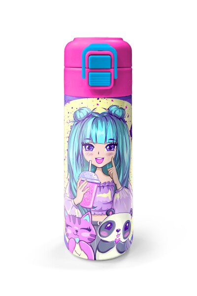 Coral High Kids Mor Pembe Anime Kız Desenli Pipetli ve Direkt İçim Çelik Termos 500 ml 31942 - 4