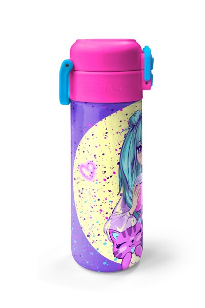 Coral High Kids Mor Pembe Anime Kız Desenli Pipetli ve Direkt İçim Çelik Termos 500 ml 31942 - 5
