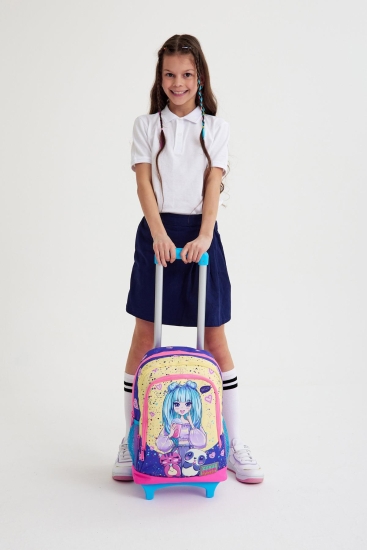 Coral High Kids Mor Pembe Anime Kız Desenli Üç Bölmeli Çekçekli Okul Sırt Çantası 23935 - 2