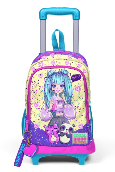 Coral High Kids Mor Pembe Anime Kız Desenli Üç Bölmeli Çekçekli Okul Sırt Çantası 23935 - 9
