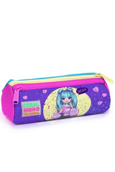 Coral High Kids Mor Pembe Anime Kız Desenli Üç Bölmeli Kalem Çantası 22035 - Coral High KIDS