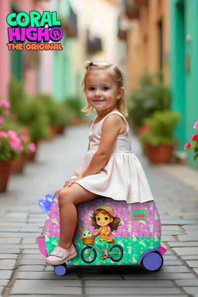 Coral High Kids Mor Pembe Bisikletli Kız Desenli Otur-Çek Çocuk Valizi 16356 - 2