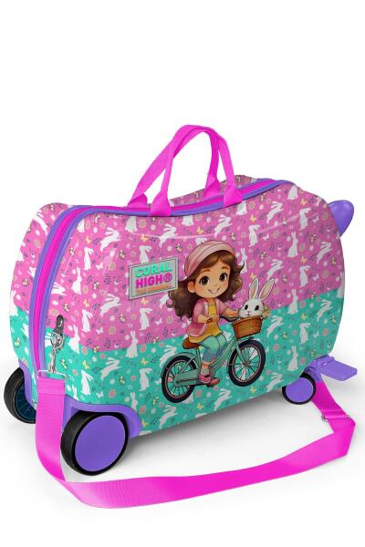 Coral High Kids Mor Pembe Bisikletli Kız Desenli Otur-Çek Çocuk Valizi 16356 - 5