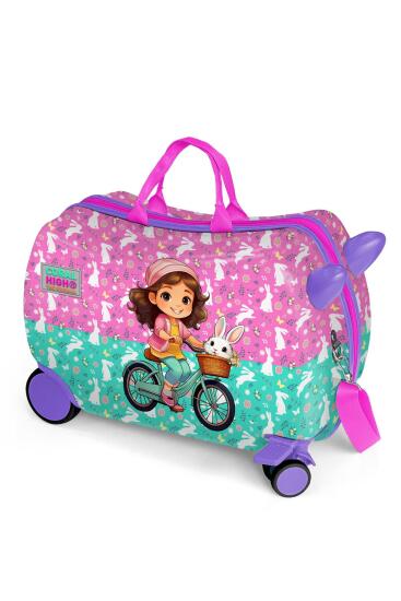 Coral High Kids Mor Pembe Bisikletli Kız Desenli Otur-Çek Çocuk Valizi 16356 - Coral High KIDS