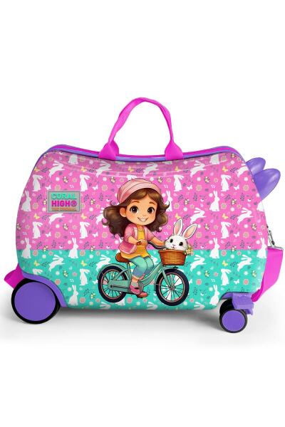 Coral High Kids Mor Pembe Bisikletli Kız Desenli Otur-Çek Çocuk Valizi 16356 - 3
