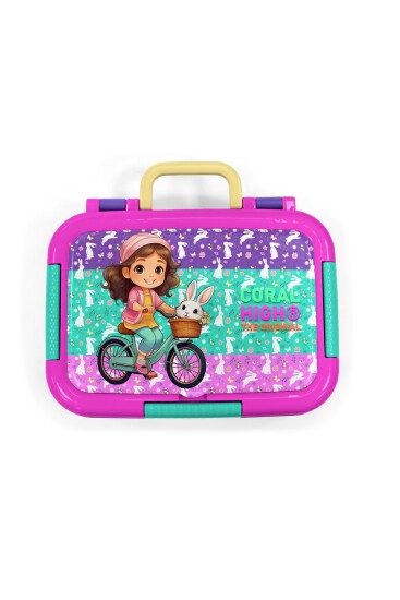 Coral High Kids Mor Pembe Bisikletli Kız Desenli Paslanmaz Çelik Beslenme Kabı 39290 - 5