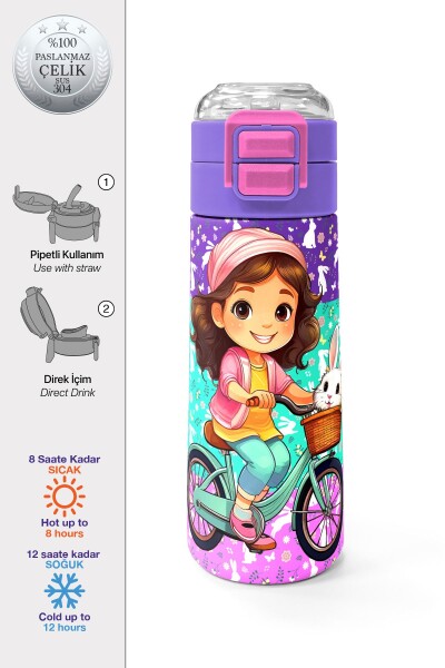 Coral High Kids Mor Pembe Bisikletli Kız Desenli Pipetli ve Direkt İçim Çelik Termos 500 ml 31797 - 1