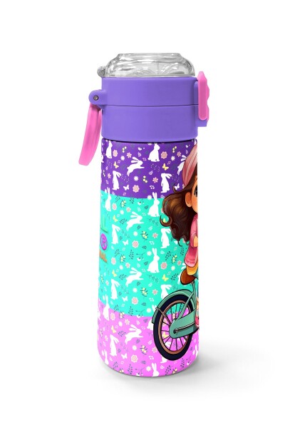 Coral High Kids Mor Pembe Bisikletli Kız Desenli Pipetli ve Direkt İçim Çelik Termos 500 ml 31797 - 2
