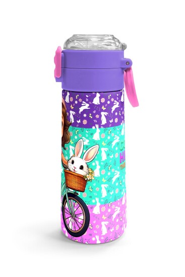 Coral High Kids Mor Pembe Bisikletli Kız Desenli Pipetli ve Direkt İçim Çelik Termos 500 ml 31797 - 3