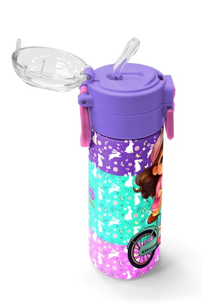 Coral High Kids Mor Pembe Bisikletli Kız Desenli Pipetli ve Direkt İçim Çelik Termos 500 ml 31797 - 5