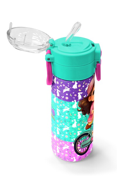 Coral High Kids Mor Pembe Bisikletli Kız Desenli Pipetli ve Direkt İçim Çelik Termos 500 ml 31797 - 5