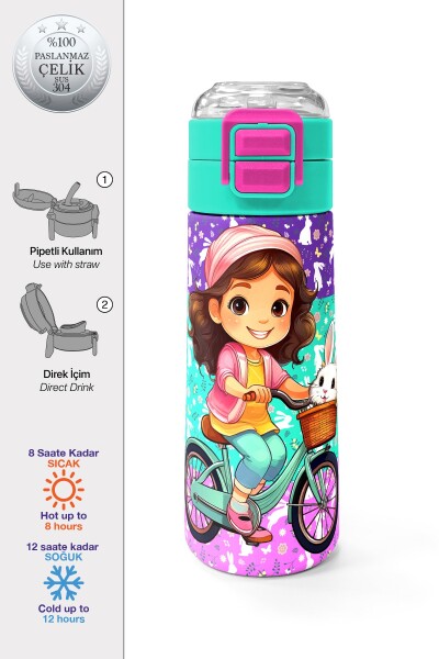 Coral High Kids Mor Pembe Bisikletli Kız Desenli Pipetli ve Direkt İçim Çelik Termos 500 ml 31797 - 1