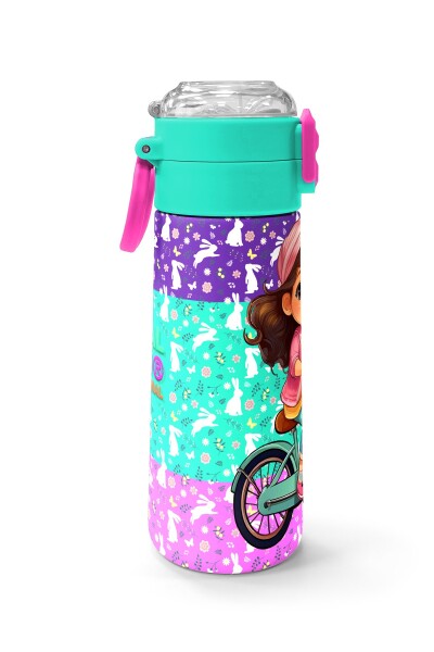 Coral High Kids Mor Pembe Bisikletli Kız Desenli Pipetli ve Direkt İçim Çelik Termos 500 ml 31797 - 2