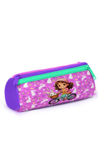Coral High Kids Mor Pembe Bisikletli Kız Desenli Üç Bölmeli Kalem Çantası 22147 - 3