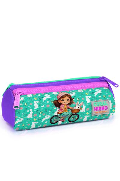 Coral High Kids Mor Pembe Bisikletli Kız Desenli Üç Bölmeli Kalem Çantası 22147 - 1