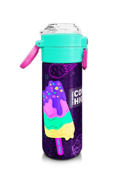Coral High Kids Mor Pembe Dondurma Desenli Pipetli ve Direkt İçim Çelik Termos 500 ml 31980 - 2
