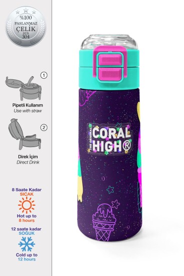 Coral High Kids Mor Pembe Dondurma Desenli Pipetli ve Direkt İçim Çelik Termos 500 ml 31980 - Coral High KIDS