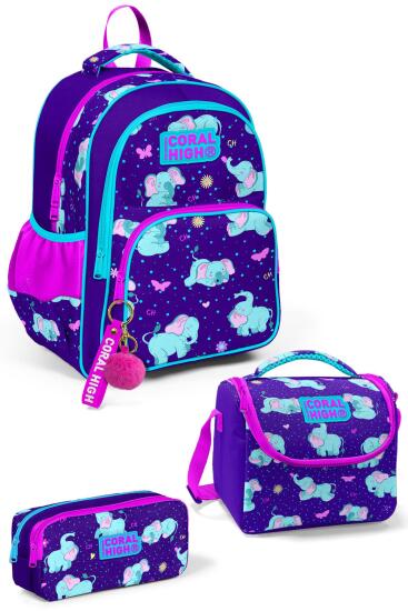 Coral High Kids Mor Pembe Fil Desenli 3'lü Okul Çanta Seti SET0114411 - Coral High KIDS
