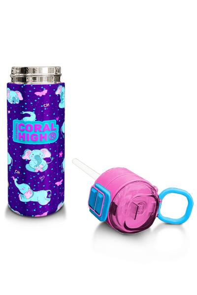 Coral High Kids Mor Pembe Fil Desenli Pipetli ve Direkt İçim Çelik Termos 500 ml 31970 - 4