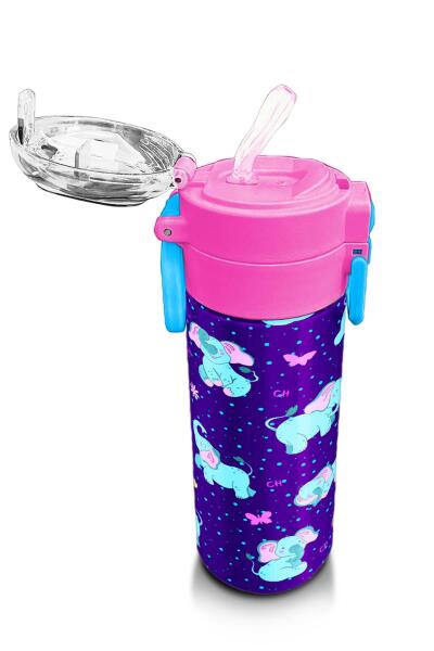 Coral High Kids Mor Pembe Fil Desenli Pipetli ve Direkt İçim Çelik Termos 500 ml 31970 - 5