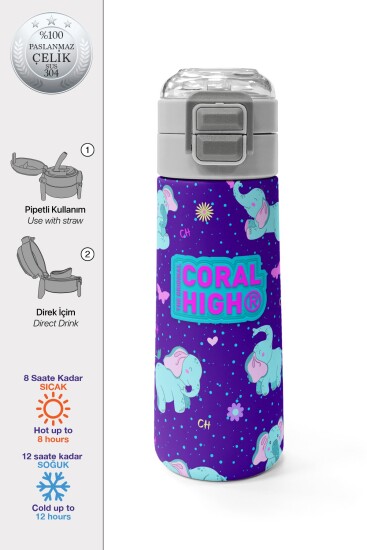 Coral High Kids Mor Pembe Fil Desenli Pipetli ve Direkt İçim Çelik Termos 500 ml 31970 - Coral High KIDS