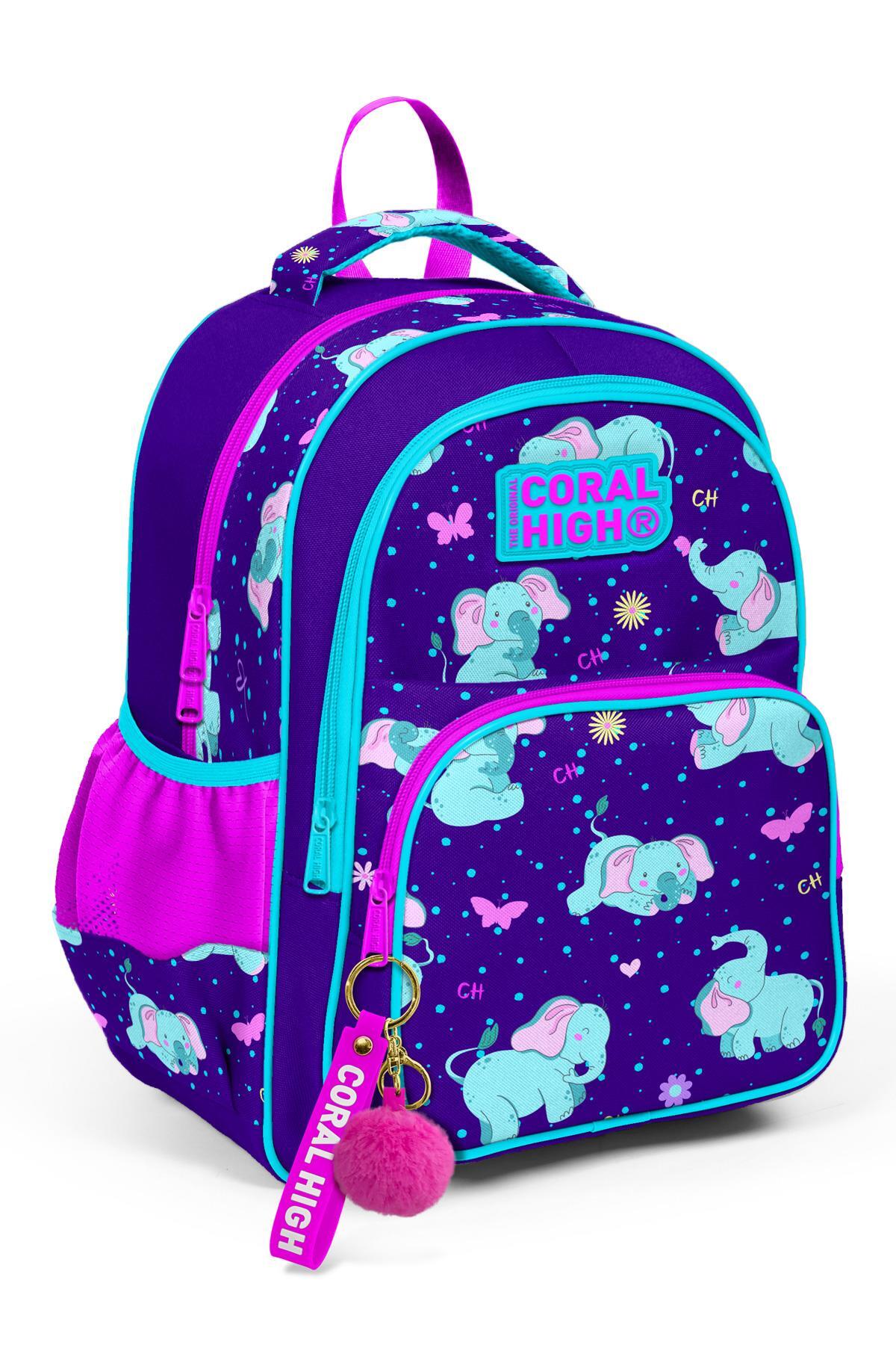 Coral High Kids Mor Pembe Fil Desenli Üç Bölmeli Okul Sırt Çantası 14411