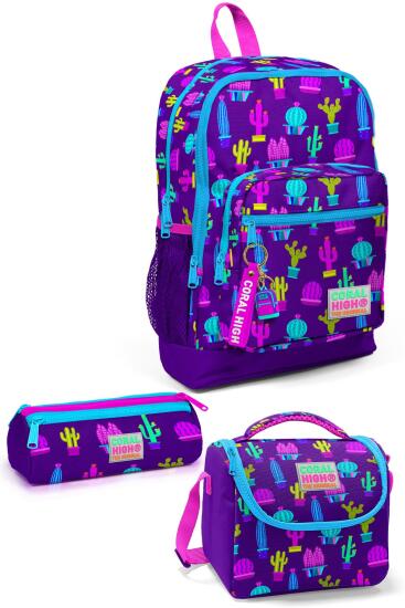 Coral High Kids Mor Pembe Kaktüs Desenli 3’lü Okul Çanta Seti SET0123108 