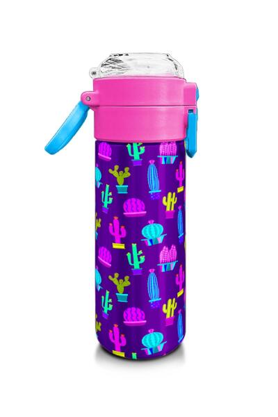 Coral High Kids Mor Pembe Kaktüs Desenli Pipetli ve Direkt İçim Çelik Termos 500 ml 31899 - 2