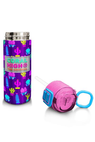 Coral High Kids Mor Pembe Kaktüs Desenli Pipetli ve Direkt İçim Çelik Termos 500 ml 31899 - 4
