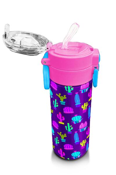 Coral High Kids Mor Pembe Kaktüs Desenli Pipetli ve Direkt İçim Çelik Termos 500 ml 31899 - 5