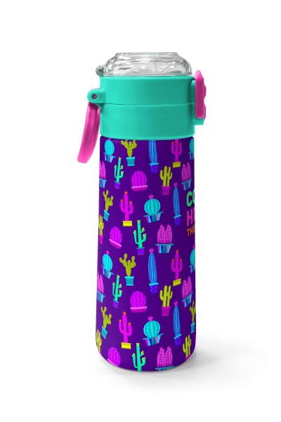 Coral High Kids Mor Pembe Kaktüs Desenli Pipetli ve Direkt İçim Çelik Termos 500 ml 31899 - 2