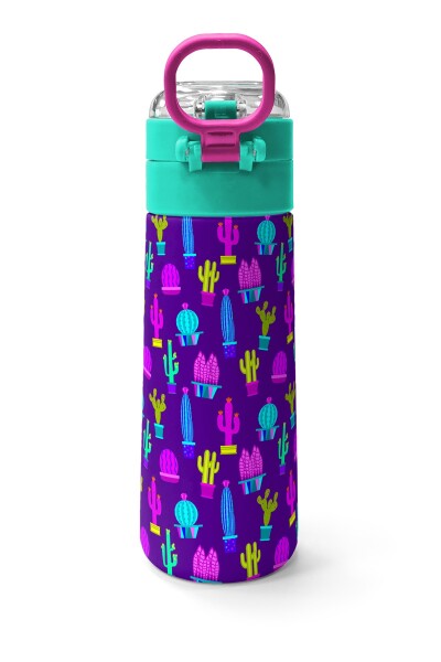 Coral High Kids Mor Pembe Kaktüs Desenli Pipetli ve Direkt İçim Çelik Termos 500 ml 31899 - 4