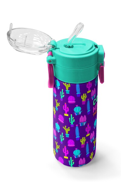 Coral High Kids Mor Pembe Kaktüs Desenli Pipetli ve Direkt İçim Çelik Termos 500 ml 31899 - 5