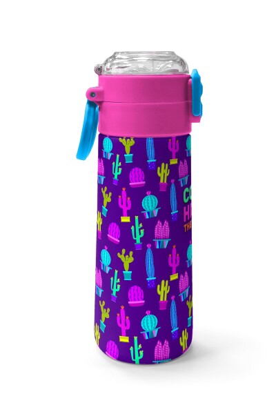 Coral High Kids Mor Pembe Kaktüs Desenli Pipetli ve Direkt İçim Çelik Termos 500 ml 31899 - 2