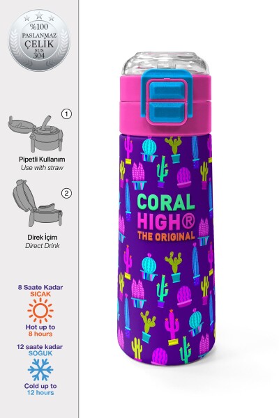 Coral High Kids Mor Pembe Kaktüs Desenli Pipetli ve Direkt İçim Çelik Termos 500 ml 31899 - 1