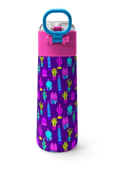 Coral High Kids Mor Pembe Kaktüs Desenli Pipetli ve Direkt İçim Çelik Termos 500 ml 31899 - 4