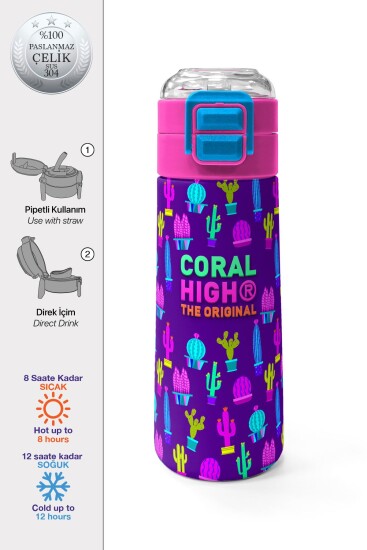 Coral High Kids Mor Pembe Kaktüs Desenli Pipetli ve Direkt İçim Çelik Termos 500 ml 31899 - Coral High KIDS