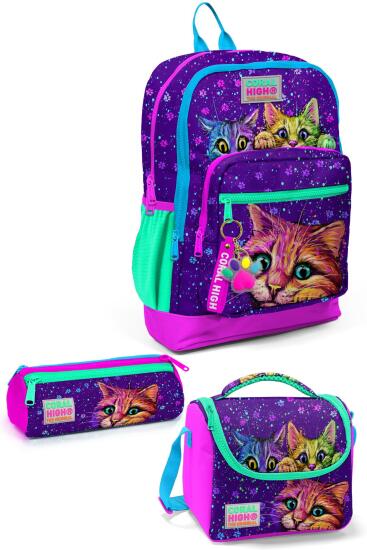 Coral High Kids Mor Pembe Kedi Desenli 3’lü Okul Çanta Seti SET0123732 