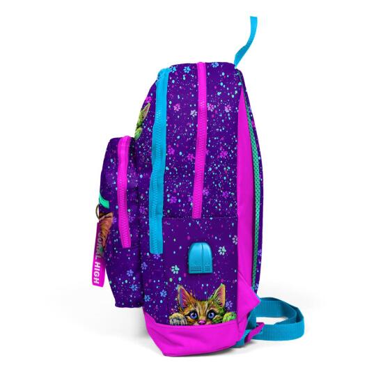 Coral High Kids Mor Pembe Kedi Desenli Dört Bölmeli USB'li Okul Sırt Çantası 23832 - 6