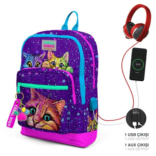 Coral High Kids Mor Pembe Kedi Desenli Dört Bölmeli USB'li Okul Sırt Çantası 23832 - 1