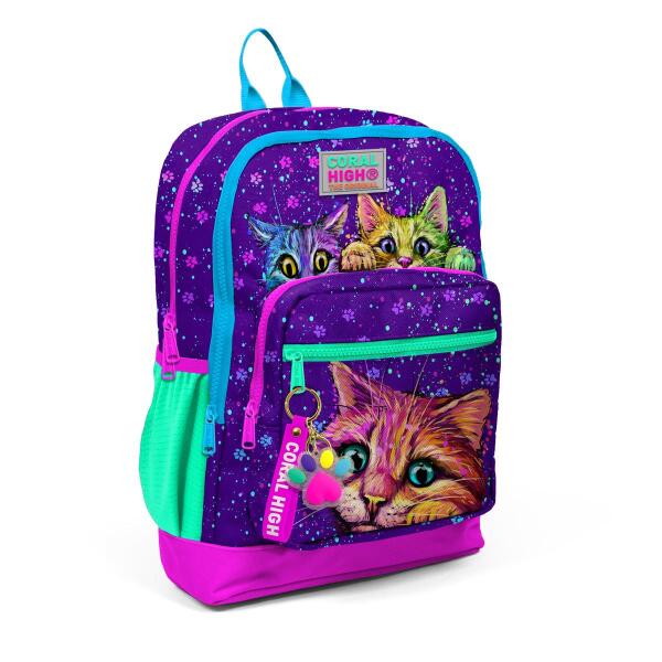 Coral High Kids Mor Pembe Kedi Desenli Dört Bölmeli USB'li Okul Sırt Çantası 23832 - 7
