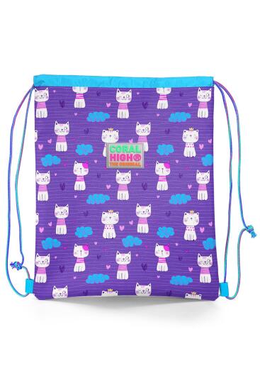Coral High Kids Mor Pembe Kedi Desenli İpli Büzgülü Sır Çantası 22455 